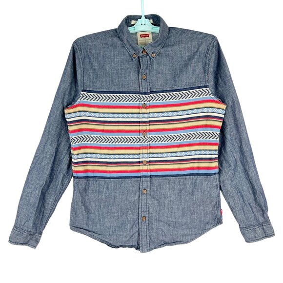 Levis  Men Modern Fit Button Blue Shirt Size M Long Sleeves Multicolor Stripes - Picture 1 of 10